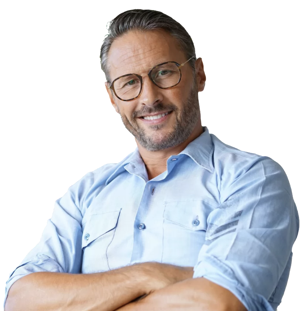 smiling man with folded arms wearing dress shirt and glasses
