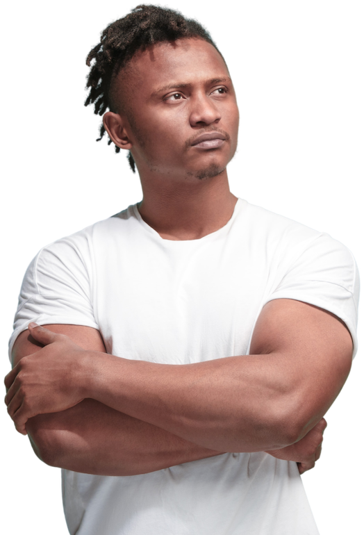 man with arms crossed looking off into distance with serious face
