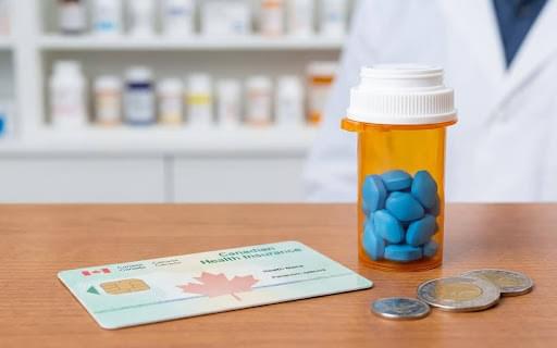 Canadian health insurance card with prescription bottle and pills