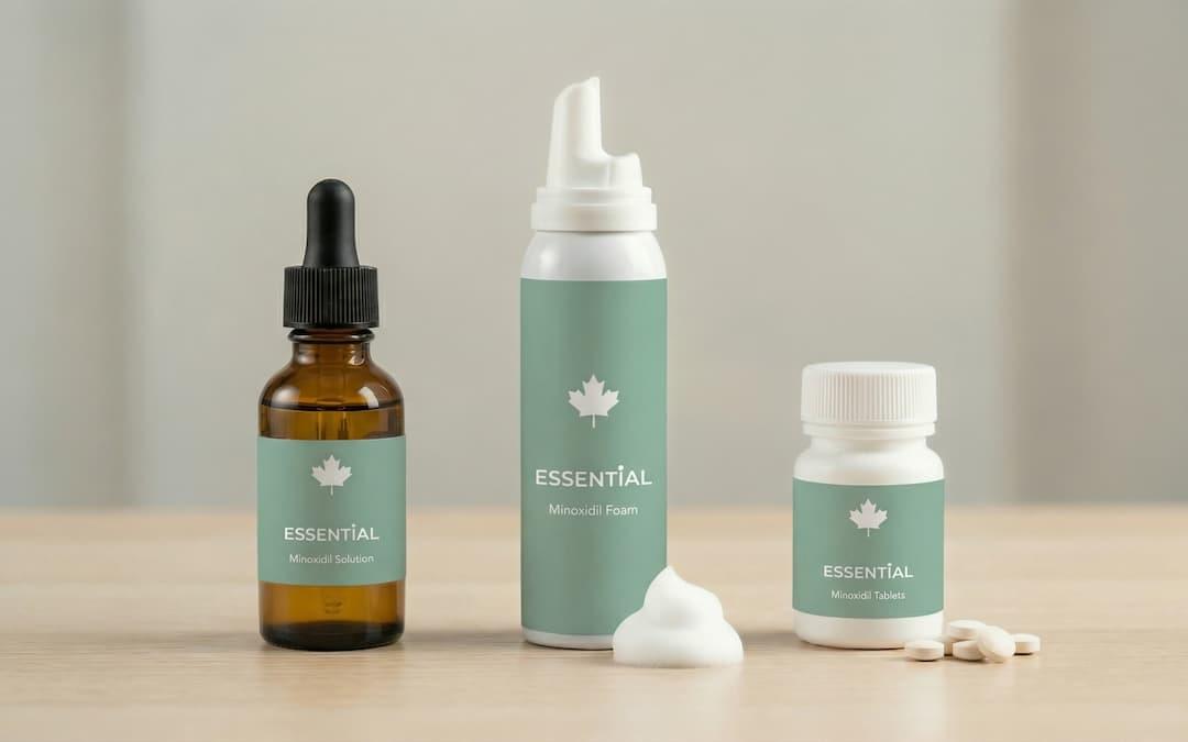 Image of minoxidil medication delivery options for hair growth: oral tablets, foam, and liquid. Side effects of minoxidil depend on the delivery option you use.