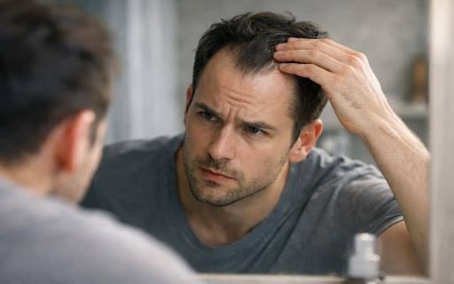 Man examining his receding hairline in a bathroom mirror