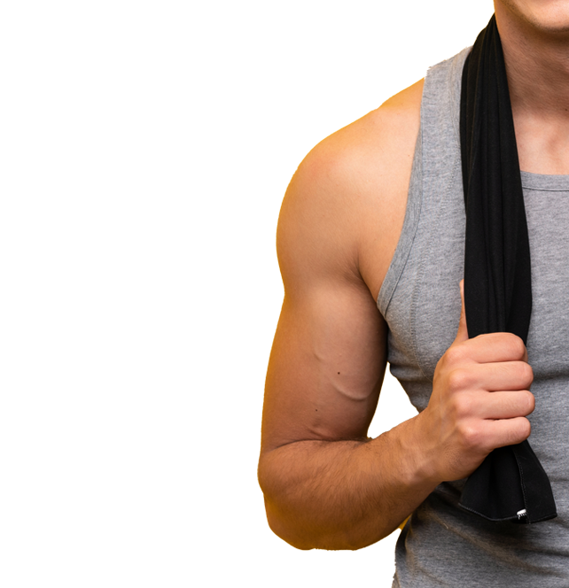 Man with good bicep holding gym towel